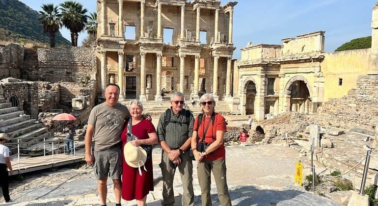 Small group of travelers standing in front of the Library of Celsus at Ephesus
