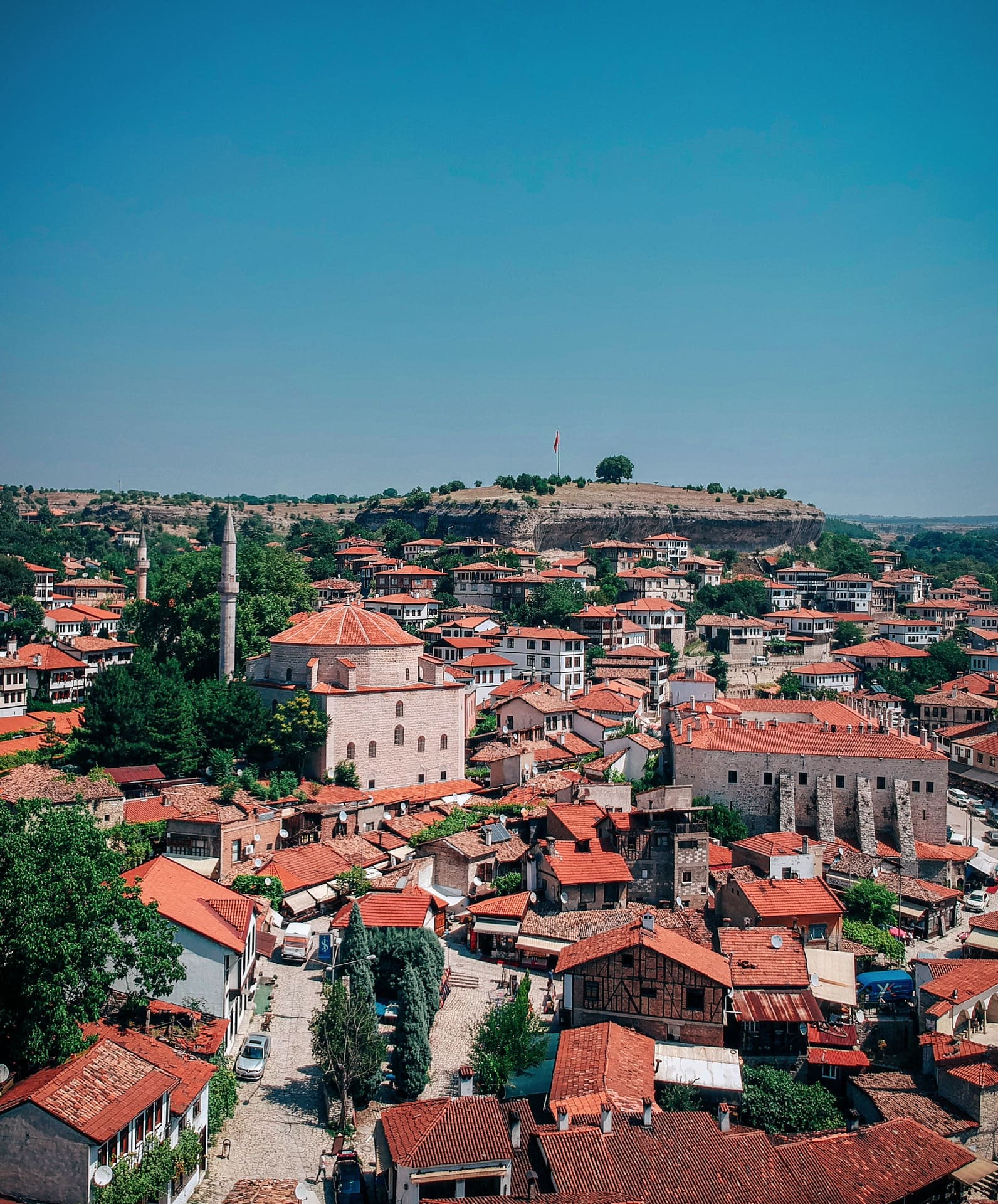 Aerial view of Safranbolu old town rooftops and mosque