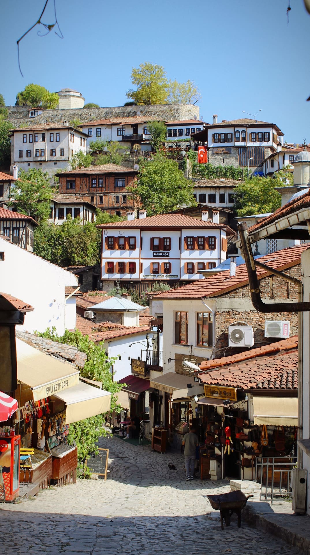 Cobbled lane with Ottoman timber houses and craft shops in Safranbolu old town